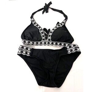 Kona Sol Bikini Set Small Swimsuit Crochet detail Black and White